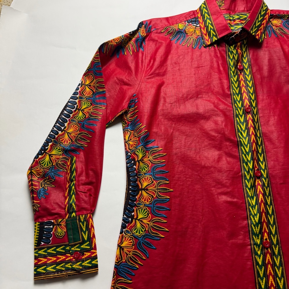 Vibrant Red Multicolor Patterned Long Sleeve Dres… - image 3